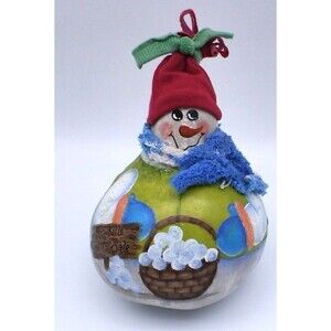Vintage Hand Made Gourd Snowman 9” Tall Hand painted Scarf & Knit Hat